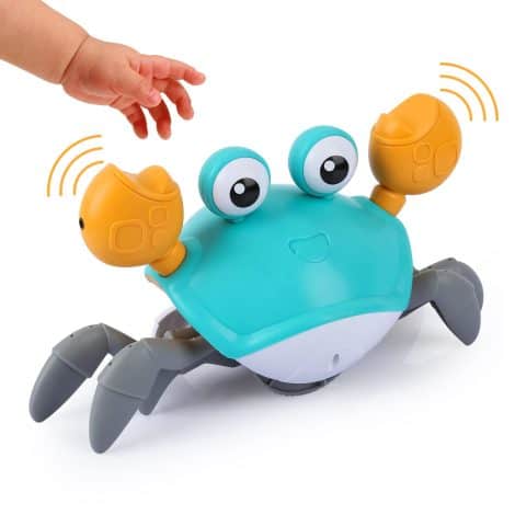 Blue Interactive Crab Baby Toy with Music, Lights, and Obstacle Avoidance – Perfect for Boys or Girls.