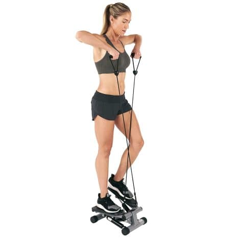 Get fit with the Sunny Health & Fitness Mini Stepper! It’s a low-impact stair stepper with resistance bands and a digital monitor. You can even twist while stepping!