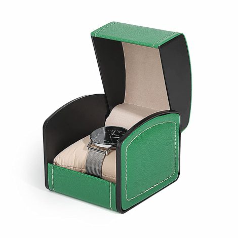 Luxurious, stylish green watch box made of faux leather, perfect for displaying and storing watches. Ideal gift.