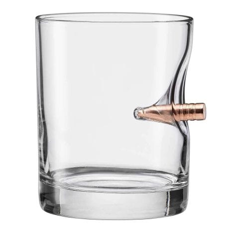 American made glass with real bullet embedded, holding 11oz – the BenShot Rocks Glass.