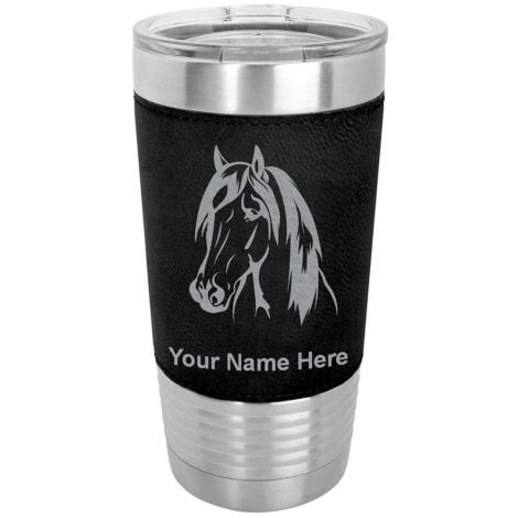 Customizable LaserGram Horse Head 20oz Tumbler Mug with Insulation, Engraving Included. Sleek Faux Leather Design.