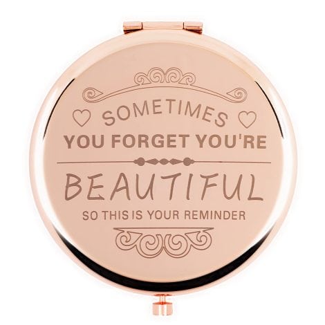 Rose gold compact makeup mirror, perfect birthday gift for women – mom, wife, sister, daughter, friend, or classmate.