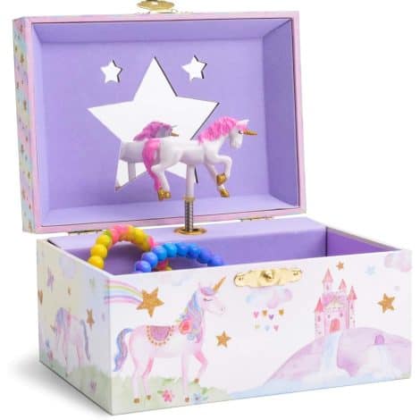 Jewelkeeper’s Unicorn Party Jewelry Box: Enchanting musical box with spinning unicorn doll, perfect for young girls.