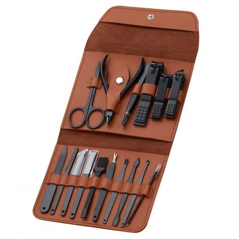 Professional grade 16-piece mani-pedi set with stainless steel tools and sleek brown leather case, perfect for gifting men.