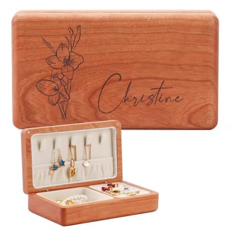 Custom Women’s Jewelry Box, Engraved Wooden Jewelry Organizer with Birth Month Flower, Perfect Gift for Her or a Friend.