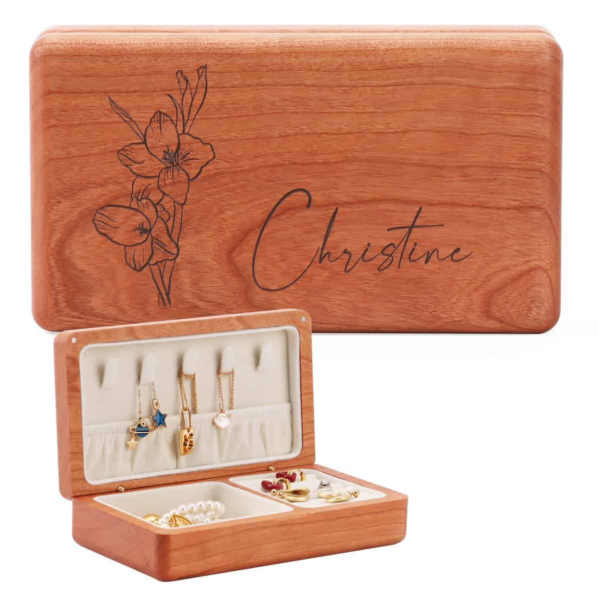 Personalised Women's Jewelry Box, Wooden Jewelry Box with Name and Flower of the Month of Birth Jewelry Organizer for Rings, Necklaces, Earrings, Gift for women, Gift for Friend