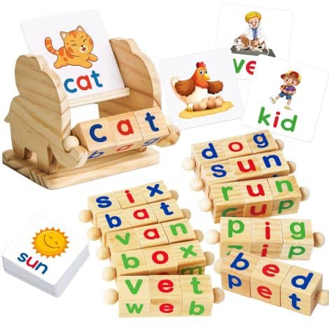 Wooden reading blocks and matching flash card games for preschool and kindergarten kids, by Shylizard Montessori.