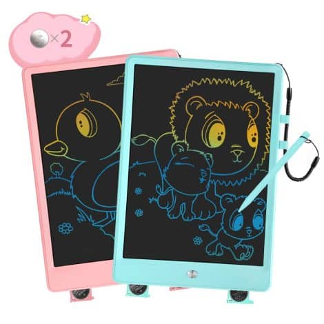 Colorful, reusable, educational gift set for American kids: 10″ LCD Writing Tablets in Blue and Pink.