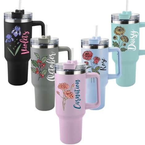 Personalized 40oz Tumbler with Handle, Birth Month Flower, Custom Name – Perfect Birthday Gift for Women! Keep beverages hot or cold with stainless steel insulation. Available for travel.