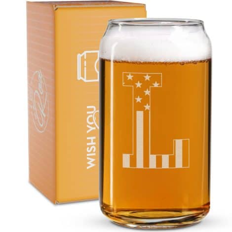 Personalized monogram beer glasses for men, perfect gift for dads, brothers, sons, and neighbors. 16 oz capacity.