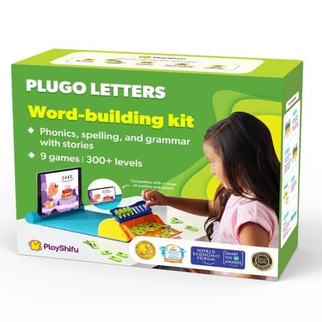 Plugo Letters Kit: Engaging educational word game with 9 learning games for kids, ages 4-8. Compatible with tablets and smartphones.