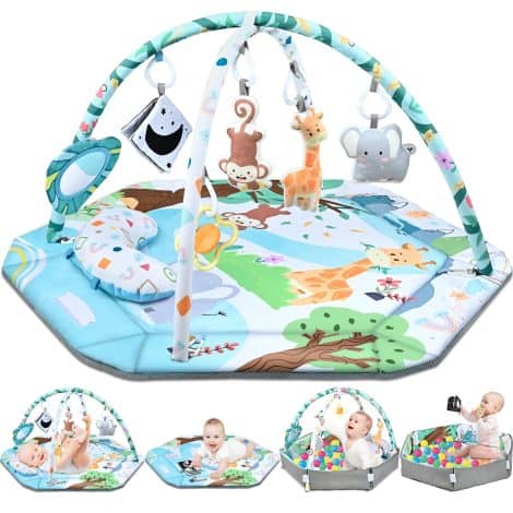 Versatile Playtime Mat for Babies, including toys, ideal for sensory and motor development, perfect gift for infants.