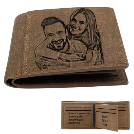 Customizable men’s wallet with engraved photos, perfect for Christmas gifts for him/husband/dad/son. Available in light brown.