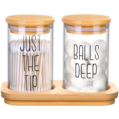 Quirky cotton swab and ball dispenser set for organized and charming farmhouse-style bathroom storage. (12 words)