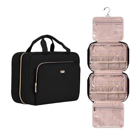 Black Hanging Toiletry Bag: Organizer for Makeup and Toiletries on the go, perfect for female travelers.