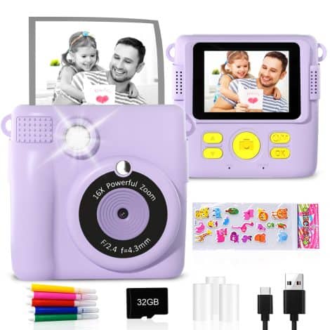 Purple Kids’ Portable Instant Print Camera – Provides HD Photos with No Ink, Perfect Christmas/Birthday Gift for 3-8 Year Olds. Includes 3 Rolls of Photo Paper, 5 Color Pens, and 32GB Card.