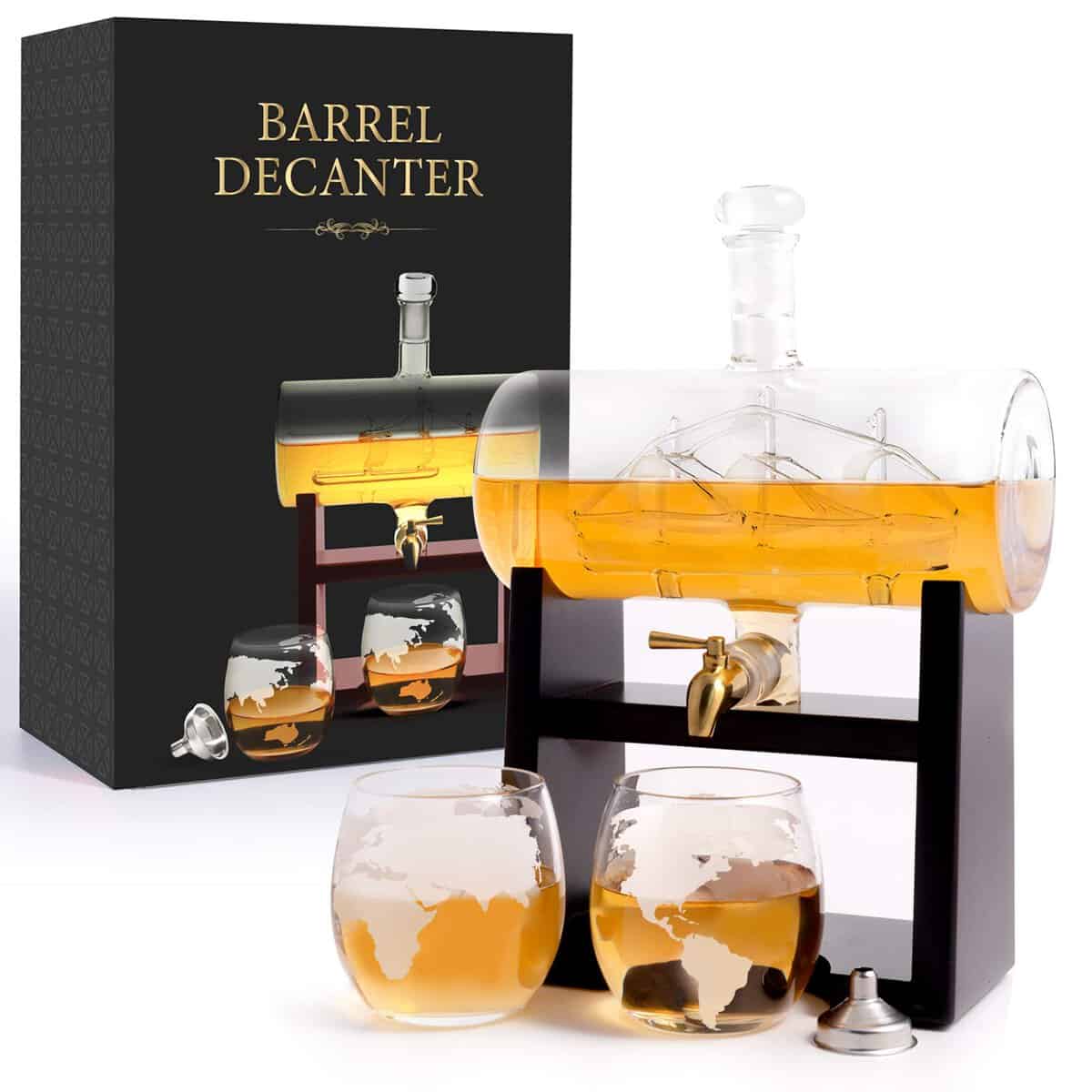 flybold Whiskey Decanter Set - Glass Set Antique Barrel Ship Decanter Handblown Gifts for men Includes Stand 1160ml Dispenser 2 Whiskey Globe Glasses for Scotch Bourbon Wine Rum Tequila