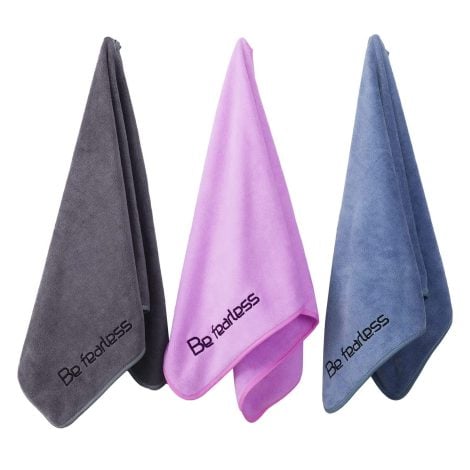 Three-pack of Microfiber Gym Towels perfect for fitness, sports, and workouts, measuring 15″x31″ with 380 GSM, in grey, blue, and purple.