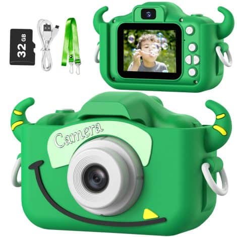 Kids’ Goopow camera toy for boys aged 3-8. Capture memories with this digital video camcorder featuring a fun silicone cover. Perfect gift for Christmas or birthdays. Includes 32G SD card.