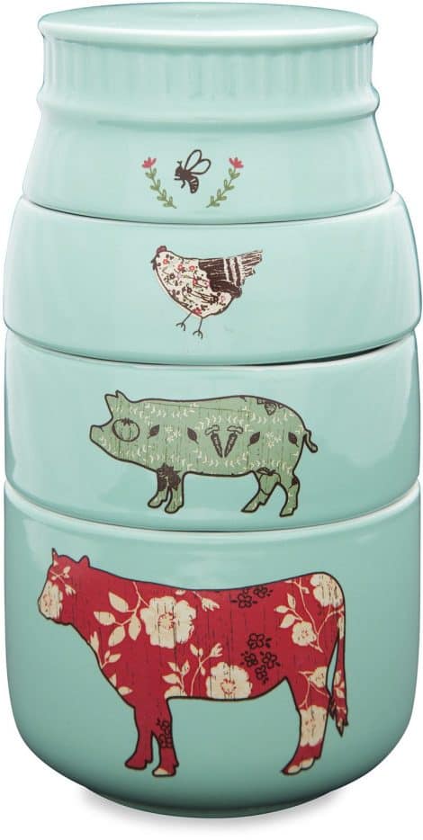 Colorful measuring cups featuring a bee, chicken, pig, and cow, designed to inspire a simple lifestyle.