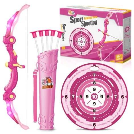 “Girls’ Bow and Arrow Toy Set: Includes LED Bow, 10 Suction Cup Arrows, Standing Target, and 3 Target Cans.”