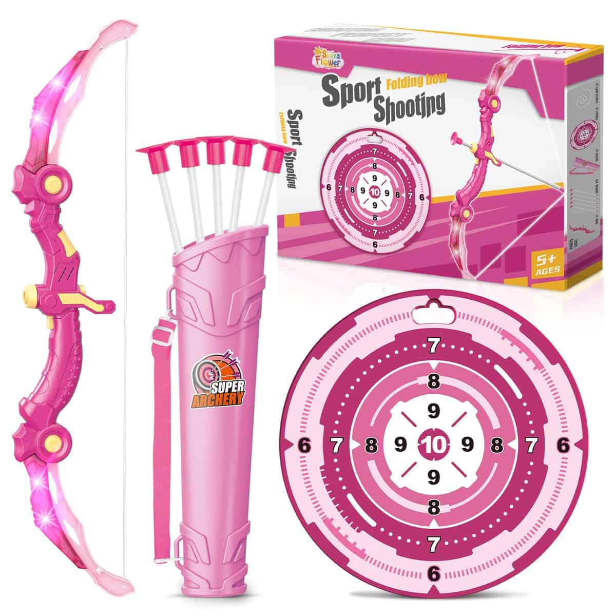 Bow and Arrow Toys for Girls 5 6 7 8 Years Old, Archery Set Includes Super Bow with LED Lights, 10 Suction Cups Arrows,Archery Set with Standing Target and 3 Target Cans, for Girls