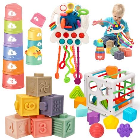 Educational Baby Toys for Growing Minds: Pull String Stacking Cups and Shape Sorter for Ages 3m-2yr.