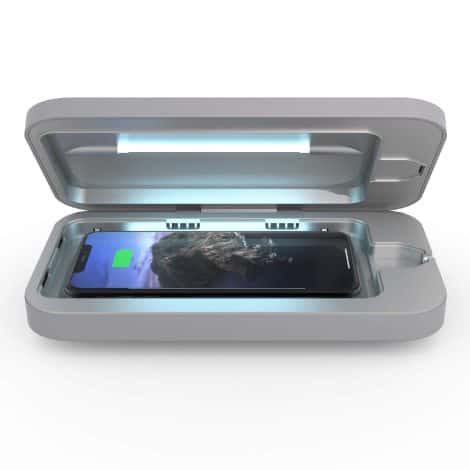 PhoneSoap Wireless UV Phone Sanitizer & Universal Charger Box uses UV-C light to disinfect and charge all phones.