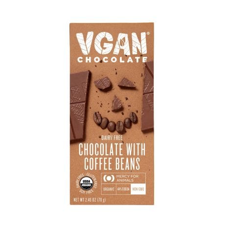 10 pack of VGAN Vegan Chocolate Bars – Non-GMO, cruelty-free, gluten-free, soy-free, dairy-free, organic, kosher, and plant-based. Milk chocolate with coffee beans.