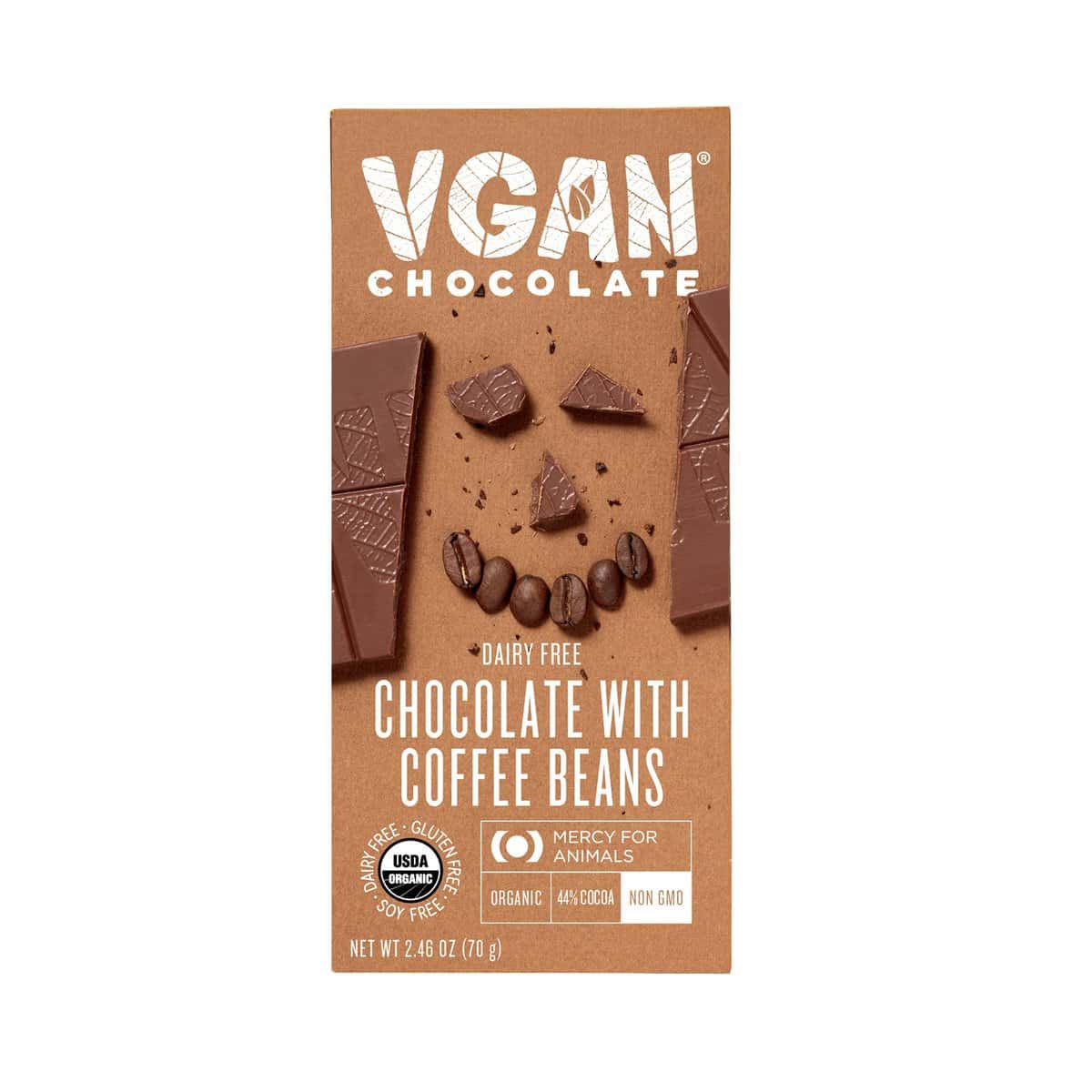 VGAN Vegan Chocolate Bars, Gluten Free Snacks, Plant Based, Soy and Dairy Free, Organic Ingredients, Cruelty Free, Kosher, and Non GMO, Milk Chocolate with Coffee Beans, 10 Pack