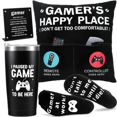 G002 Gaming Bundle – Perfect for male gamers, including a tumbler, pillow cover, socks, and stainless sign.