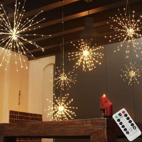 Warm White 200 LED Hanging Sphere Lights, Battery-Operated Starburst Lights for Indoor and Outdoor Christmas Decoration.