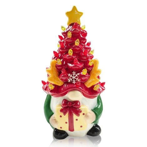 Christmas-themed ceramic gnome figurines with LED lights, perfect for decorating your home during the holiday season.