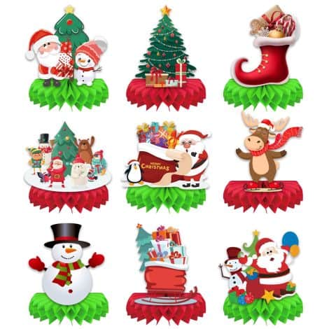 9 Christmas table decorations with honeycomb centerpieces featuring snowmen, Santa, and reindeer for holiday parties.