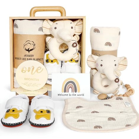 Essential Baby Gift Set: Wooden Basket includes Swaddle Blanket, Elephant Rattle, Milestone Shoes, Pacifier Clip, and Bibs.