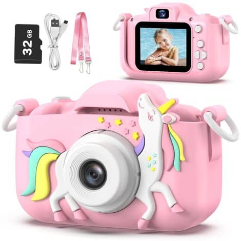 Kids Camera Toy for Boys aged 3-8, featuring a cute cartoon silicone cover. Perfect gift for Christmas and birthdays, includes 32G SD card.