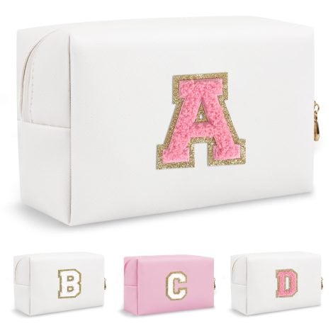 “Biileen’s Monogrammed Preppy Patch Makeup Bag: A stylish and compact travel pouch for all your cosmetics.”