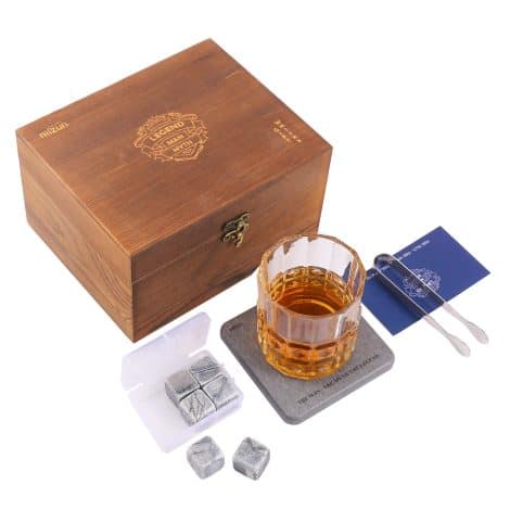 The Ultimate Whiskey Lover’s Gift Set: 6 Whiskey Stones, Classic Glass, Coaster, and Steel Tong – by Aiizun.