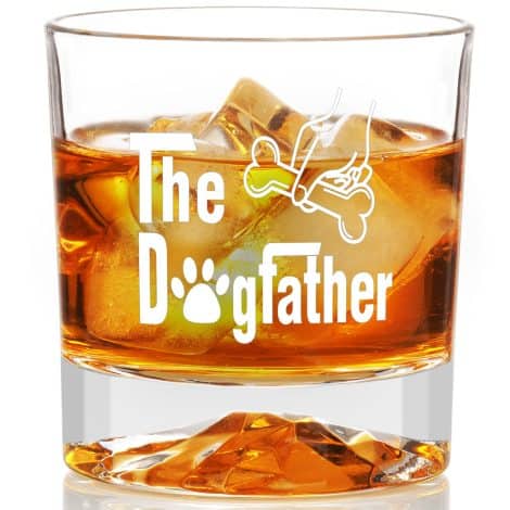 Christmas gifts for dog-loving dads: The Dogfather whiskey glass, a hilarious present for husbands, boyfriends, and fathers.