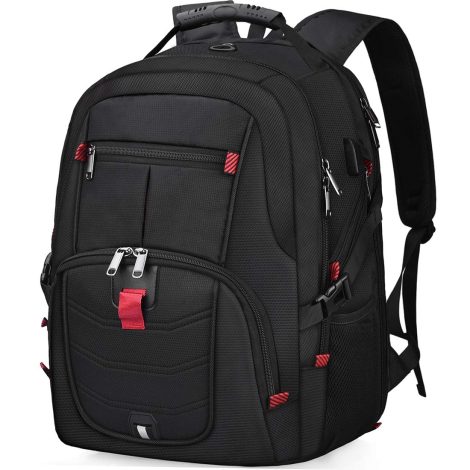 Waterproof 17-inch laptop backpack with TSA lock, USB port, and spacious compartments for college and business travelers.