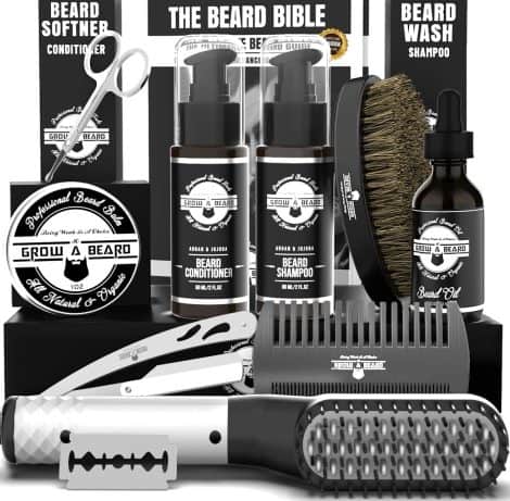 Men’s Beard Grooming Bundle: Straightener, Growth Kit, Wash, Brush, Comb, Oil, Balm, Conditioner, Razor, Scissors. Perfect Men’s Gift.