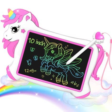 Unicorn-themed toy set for young girls (ages 3-8): A 10-inch LCD drawing tablet with fun games and learning activities.