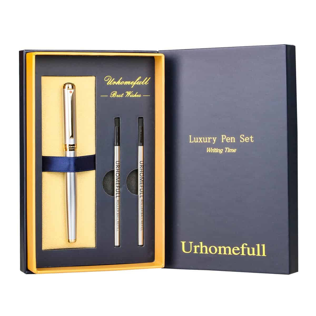 Urhomefull Stunning Luxury Rollerball Pen with 24K Gold Trim,Switzerland Tip with Black Ink Refills,Perfect Roller Ball Point Pen Gift for Men Women,Fancy Writing Set for Business,Fog Chromium