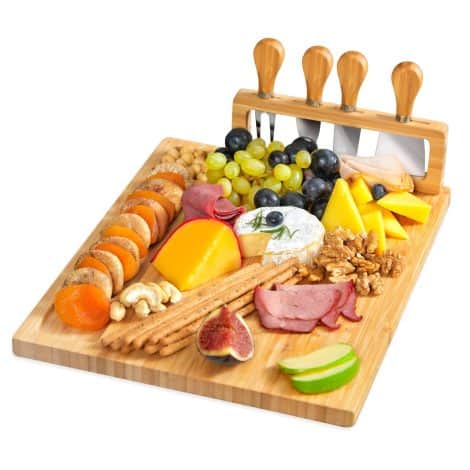 RoyalHouse Exclusive Bamboo Cheese Board and Knife Set – Gourmet Serving Tray for Crackers, Meat, and Wine. Ideal for Anniversary and Wedding Celebration.