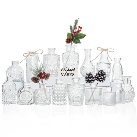 16-Piece Clear Glass Bud Vase Set, Ideal for Christmas Decorations, Rustic Wedding Centerpieces, and Home Flower Decor.