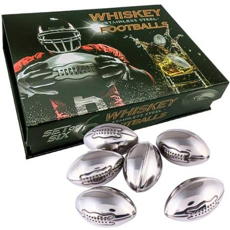 Luxury box of 6 stainless steel football-shaped whisky stones, perfect for chilling beer or wine. Ideal gift for dads, sports fans.