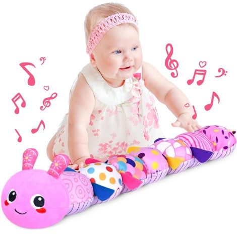 Soft and sensory caterpillar toy with crinkle and rattles for newborn boys and girls.