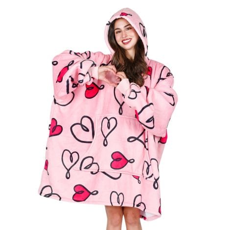 Tirrinia Cozy Hoodie Blanket, Heart Print Sweatshirt, Perfect Warm & Funny Gift for Her or Him. Fits All Sizes.