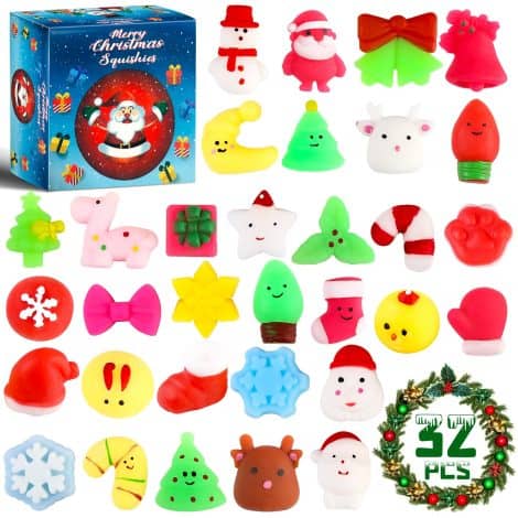 32 Christmas-themed squishy toys, cute and festive decorations, perfect for kids’ stockings, parties, and stress relief.