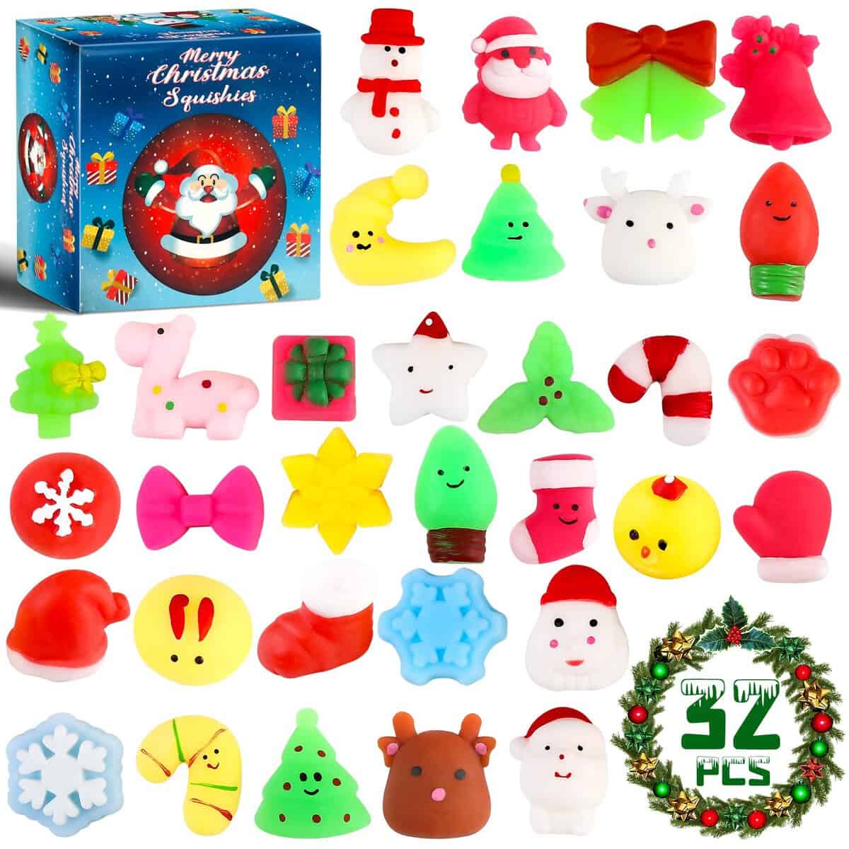 32pcs Christmas Squishies Toys,Mini Kawaii Mochi Squishy Xmas Decoration Christmas Stocking Stuffers for Kids, Party Favors Goodie Bag Fillers Soft Stress Relief Bulk Toy Classroom Prize